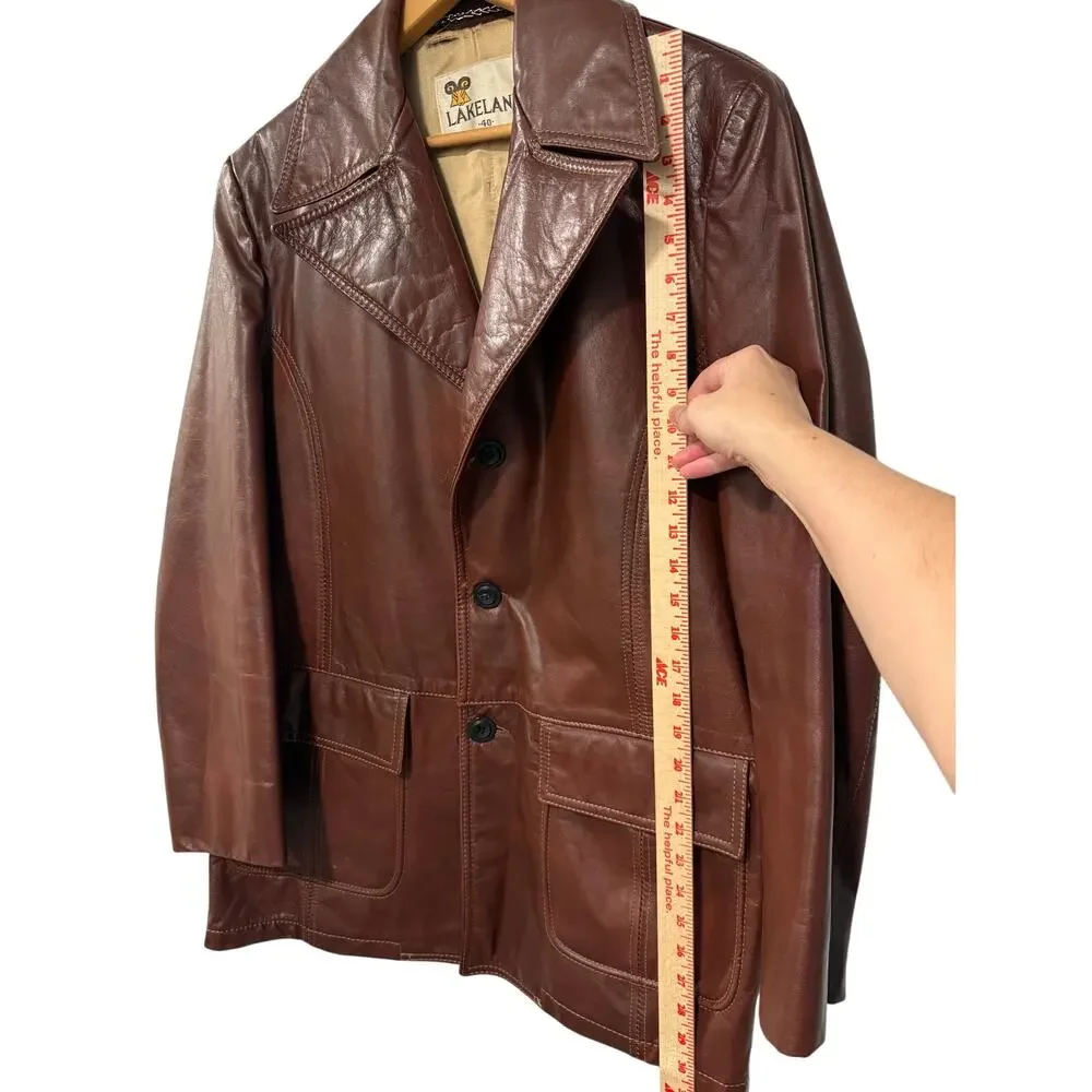 Huckberry Vintage M Wide Lapel Leather Jacket $499 70s Disco Coat Retro Brown 40